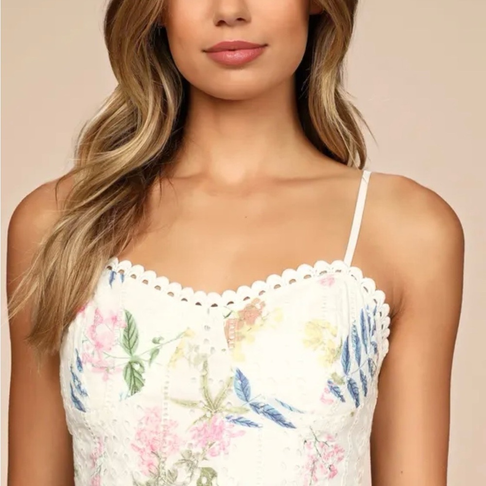 Lulu's White Eyelet Maxi Skirt & Top set, Pink & Multicolor Floral Print, M - Picture 3 of 11